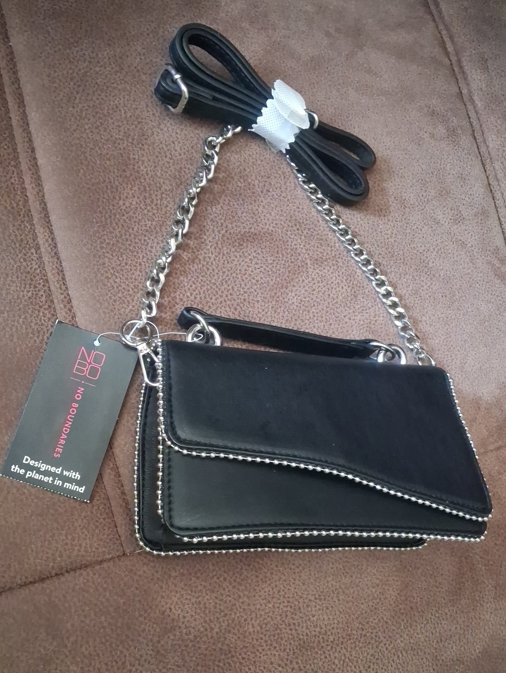 NOBO Black Crossbody Bag with Silver Chain and Beaded Trim